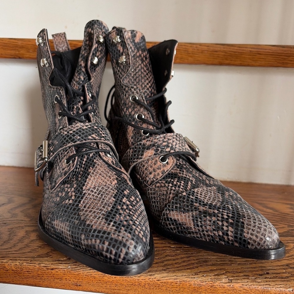 AllSaints Katy Snakeskin Leather Buckle Boots Brown Black Pointed Toe Size 40 - Picture 3 of 7